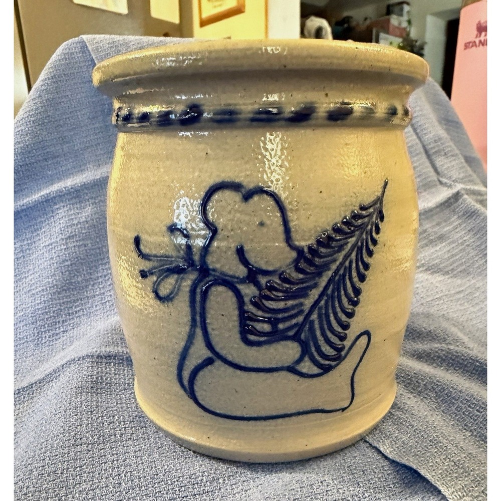 Lancaster Pottery Co Ceramic Jar Blue/Beige Bear with a tree Glossy Round 4.75in